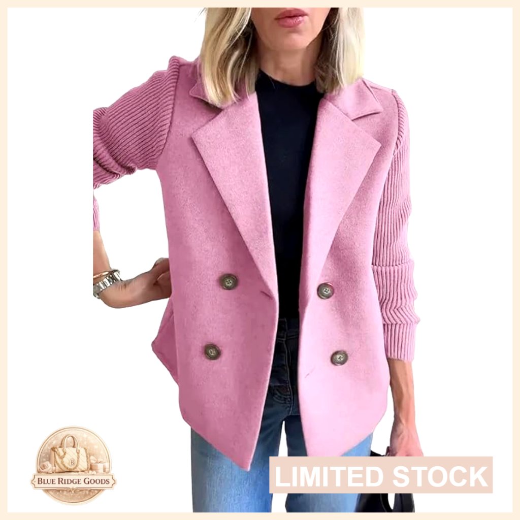 Wool Blend Pea Coat Notch Lapel Ribbed Knit Sleeves Chic Blazer Jacket